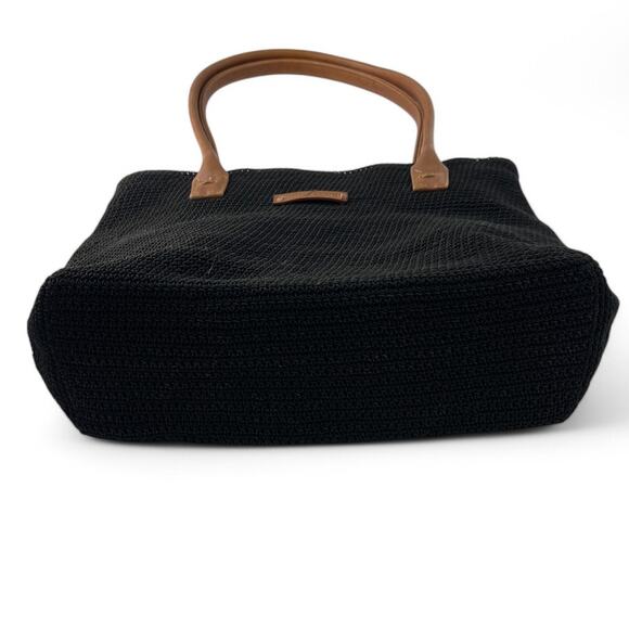 Woven Knit Purse Bag Shoulder Leather Black Brown Medium Sized Frank Johnny - Picture 2 of 5